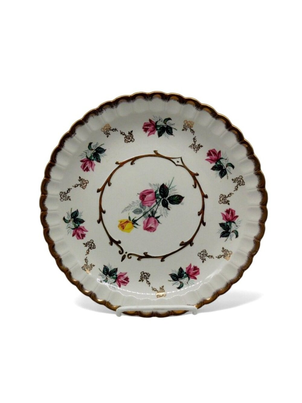 Wood & Sons Alpine White Ironstone Plate Roses Gold Trim Scalloped 9.7”